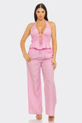 Conjunto de top halter de tirantes finos con lazo frontal elástico y pantalones