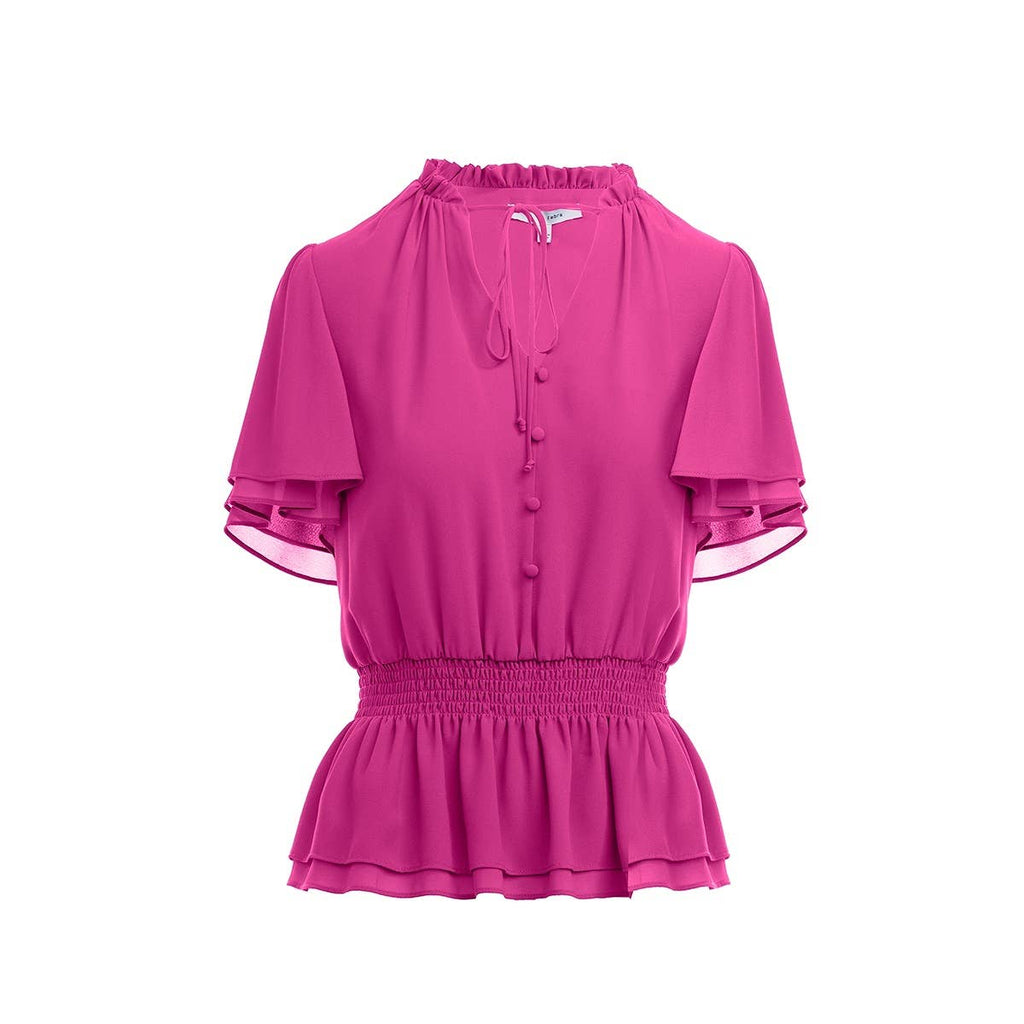 Blusa con cintura fruncida y mangas acampanadas.