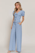 Conjunto de Top con Lazo y Pantalones de Punto Texturizado de Manga Corta y Cuello en V