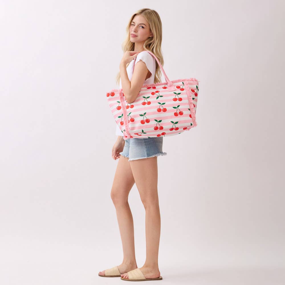 BOLSO TOTE CON FLECOS A RAYAS DE CEREZA, MB 0333
