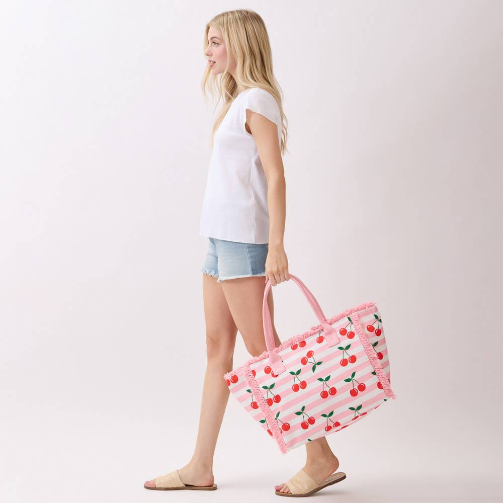BOLSO TOTE CON FLECOS A RAYAS DE CEREZA, MB 0333