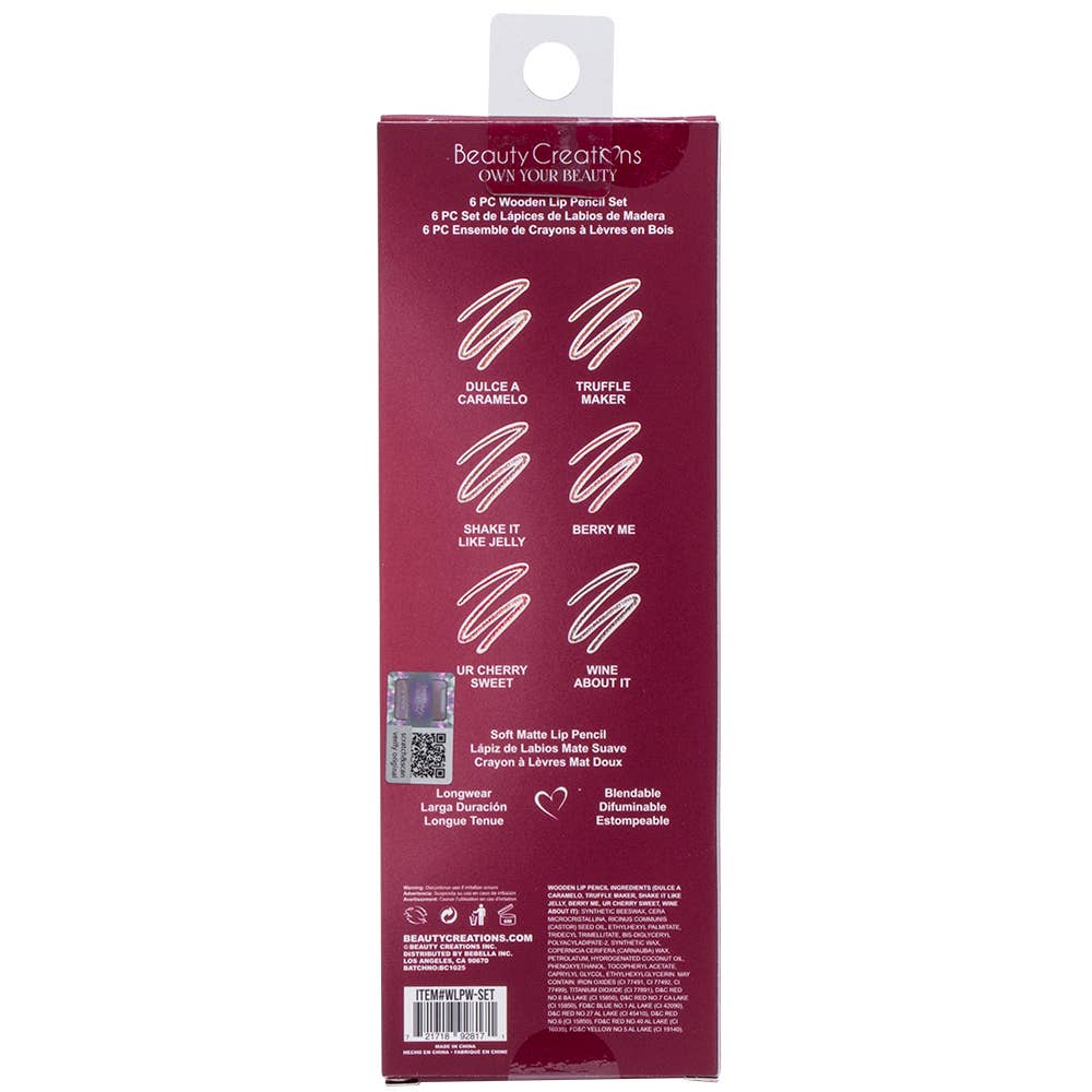 SET DE 6 LÁPICES DE LABIOS DE MADERA BEAUTY CREATIONS, SET WLPW