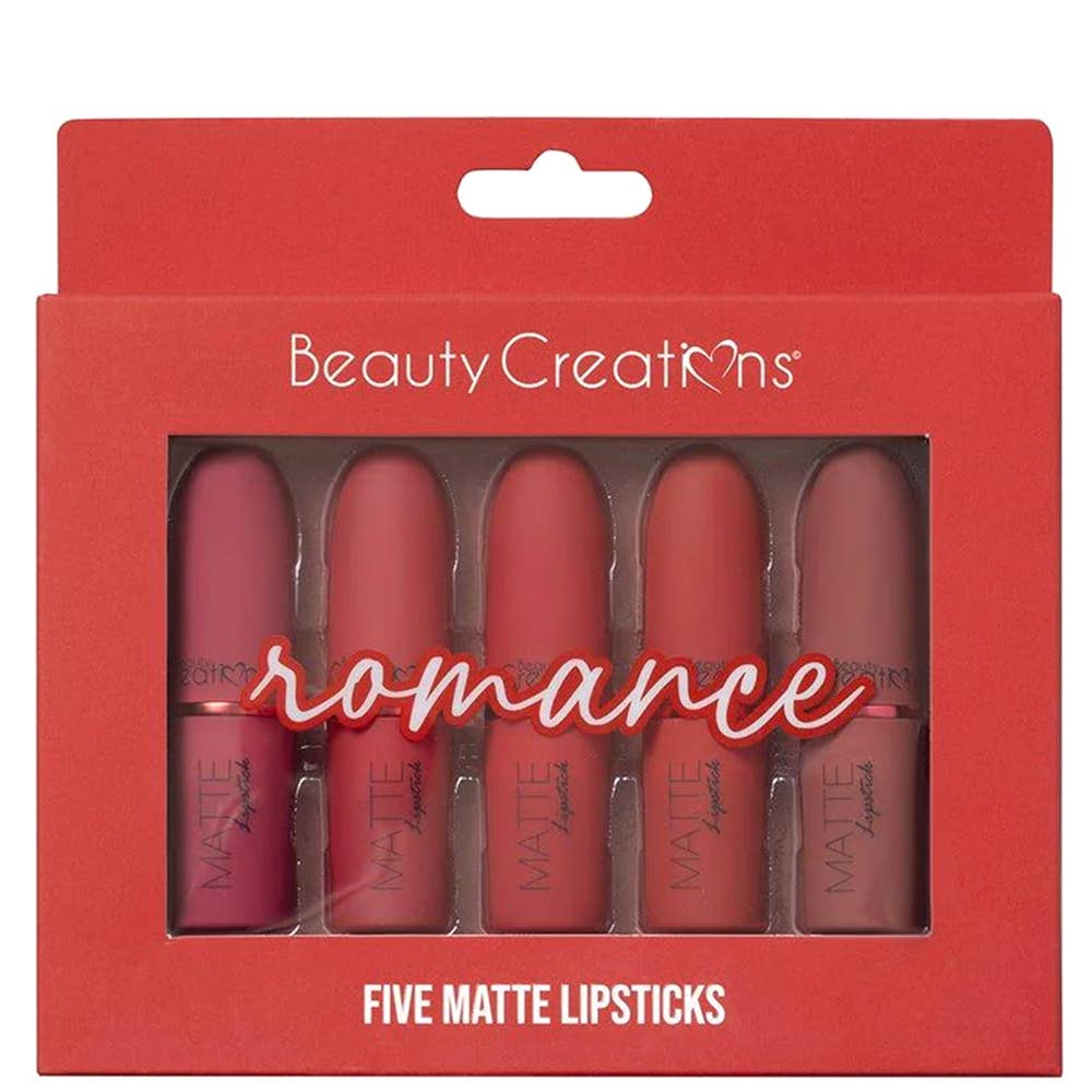 SET DE BARRAS DE LABIOS MATE DE 5 PIEZAS BEAUTY CREATIONS ROMANCE, SET TJLS2