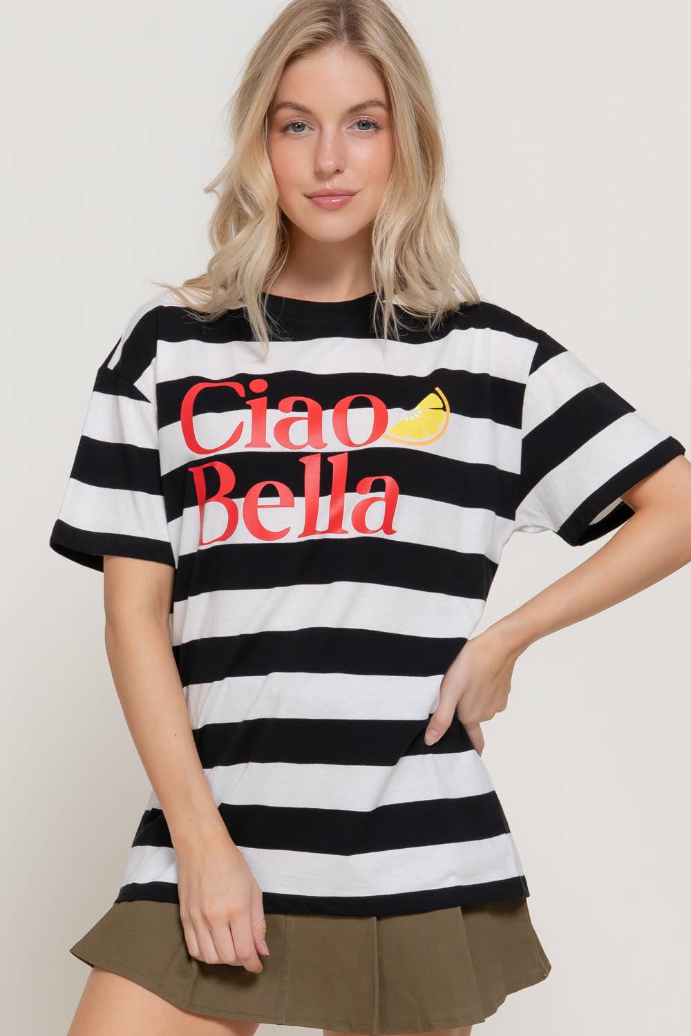 Camiseta de Manga Corta con Cuello Redondo y Rayas Gráficas Y/D: BLK-Negro/Blanco / L